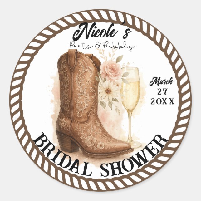 Boots & Bubbly Country Western Boot Bridal Shower  Classic Round Sticker (Front)