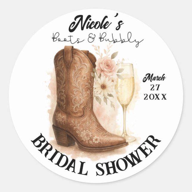 Boots & Bubbly Country Western Boot Bridal Shower  Classic Round Sticker (Front)