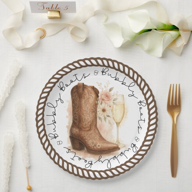 Boots & Bubbly Country Western Boot Bridal Shower  Paper Plate (Wedding)