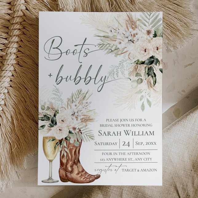 Boots Bubbly Greenery Bridal Shower Invitation (Boots & Bubbly Bridal Shower Invitation | White Cream Greenery Rustic Western Boho)