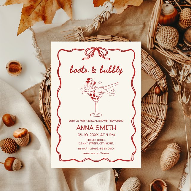 Boots & Bubbly Hand-drawn Rodeo Red Bridal Shower Invitation (Boots & Bubbly Hand-drawn Retro Cowgirl Western "let's go girls" bridal shower in Red with Bow)