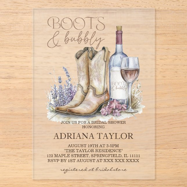 Boots & Bubbly Western Bridal Shower Acrylic Invitations (Front)