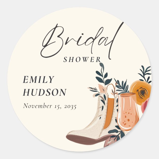Boots & Bubbly Western Bridal Shower Classic Round Sticker (Front)