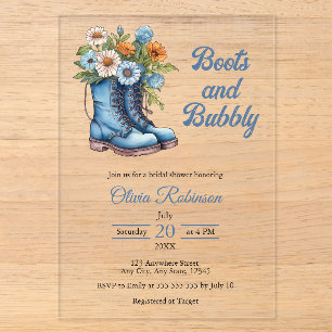 Boots & Bubbly Western Cowgirl Blue Bridal Shower  Acrylic Invitations