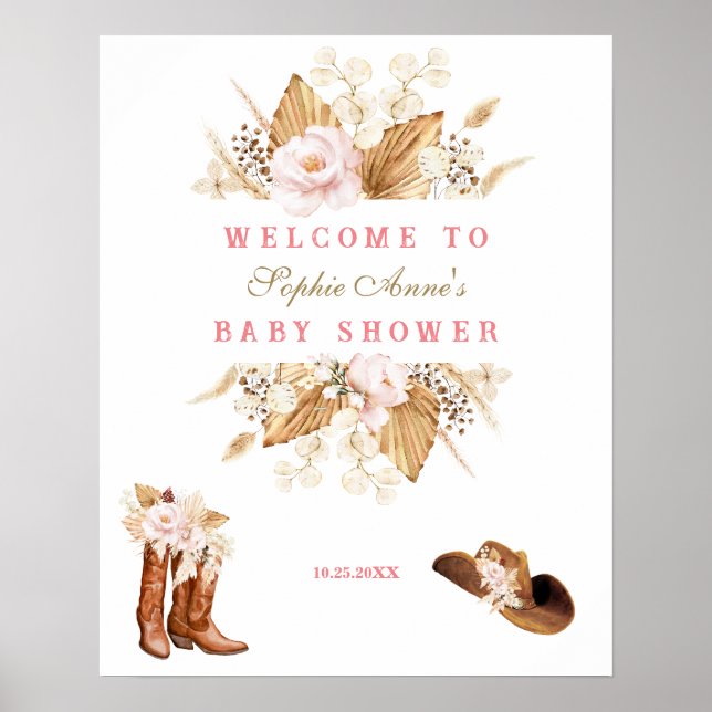 Boots de fleurs roses Baby shower Affiche de bienv (Devant)