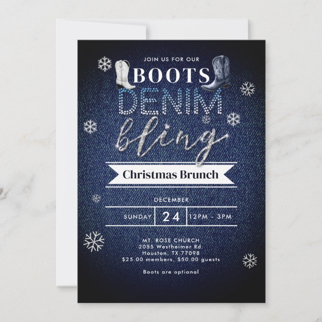 Boots Denim Bling Christmas Church Brunch Party Invitation (Front)