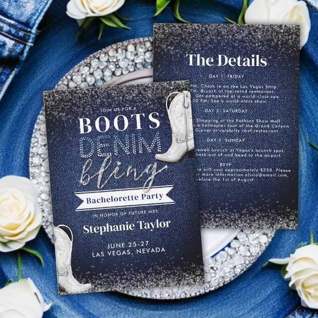 Boots Denim Bling Diamonds Chic Bachelorette Party Invitation (denim and diamonds bachelorette party invitation weekend bridesmaids girls road trip boots bling )