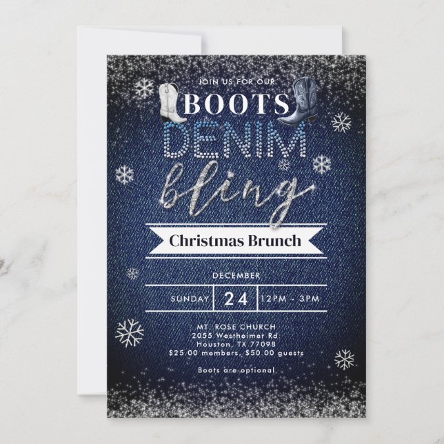 Boots Denim Bling Snow Christmas Church Party Invitation (Front)