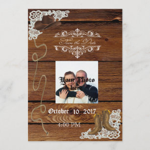 Boots & Lace Rustic Wood Save The Date