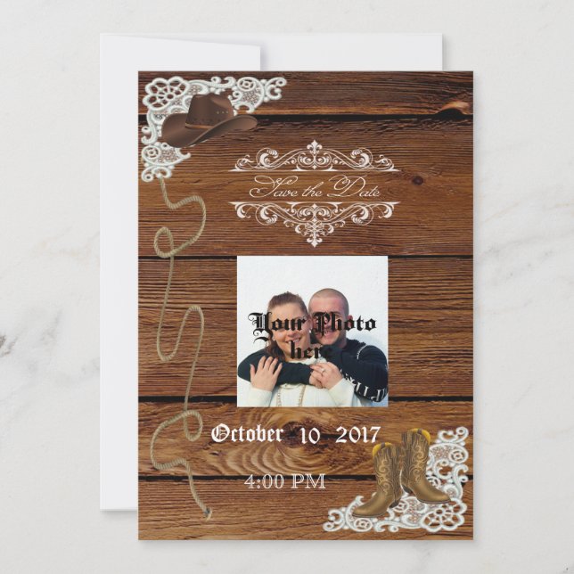 Boots & Lace Rustic Wood Save The Date (Front)