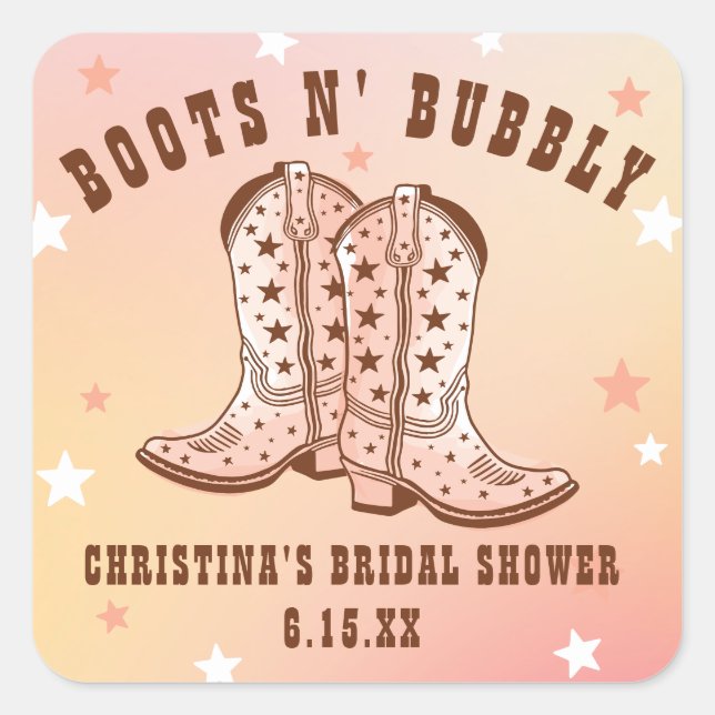 Boots N' Bubbly Cowboy Boots Pretty Bridal Shower Square Sticker (Front)