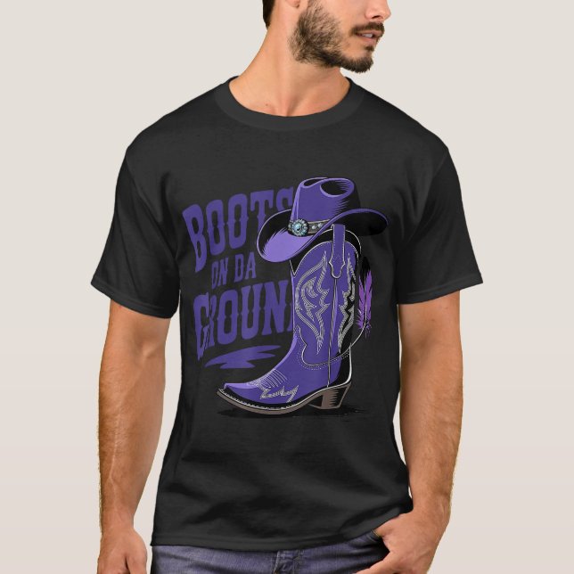 Boots On The Ground Boot Cowboy Purple Western  T-Shirt (Front)