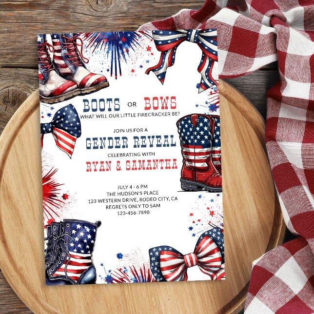 Boots or Bows 4th of July Western Gender Reveal Invitation (Western Cowboy Boots or Bows Red White and Blue Gender Reveal Invitation)
