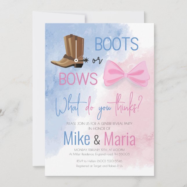 Boots or Bows gender reveal invitation (Front)