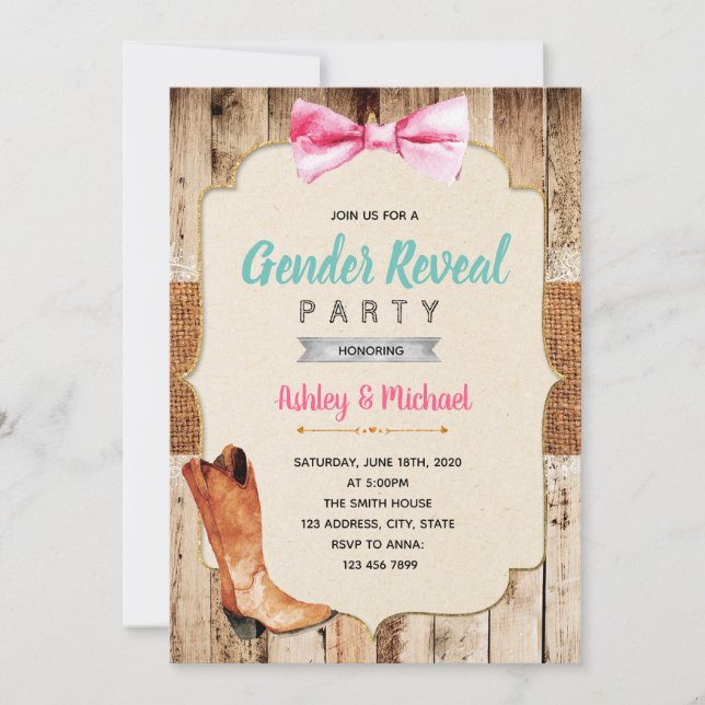 Boots or Bows gender reveal invitation (Front)