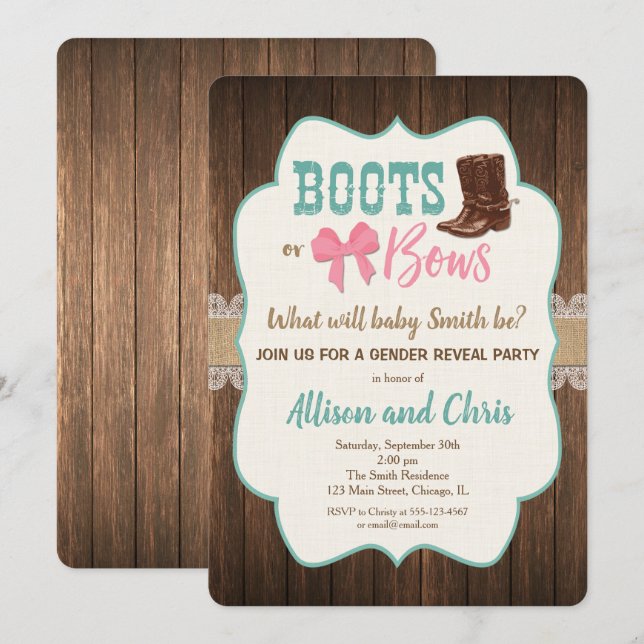 Boots or bows gender reveal invitation rustic (Front/Back)