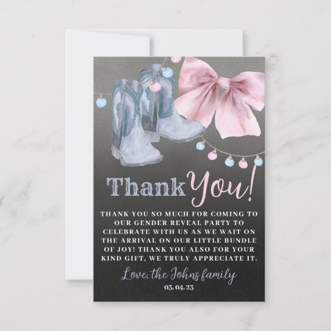 Boots or bows gender reveal Thank you Card.  Card (Front)