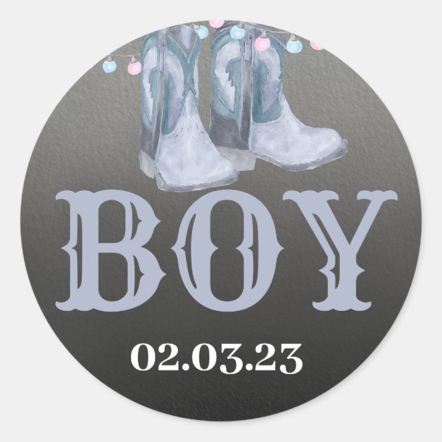 Boots or bows round sticker for Gender Reveal. (Front)