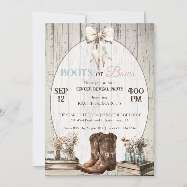 Boots or Bows rustic boho Gender reveal party Invitation (Front)