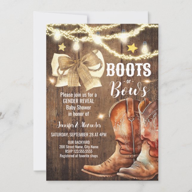 Boots ou bows Genre Révéler Baby shower Invitation (Devant)