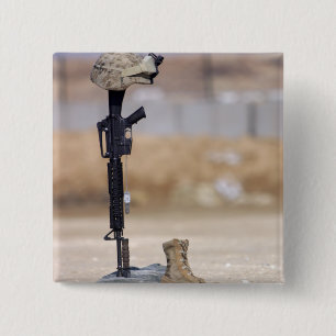 Boots, rifle, dog tags, and protective helmet 2 inch square button