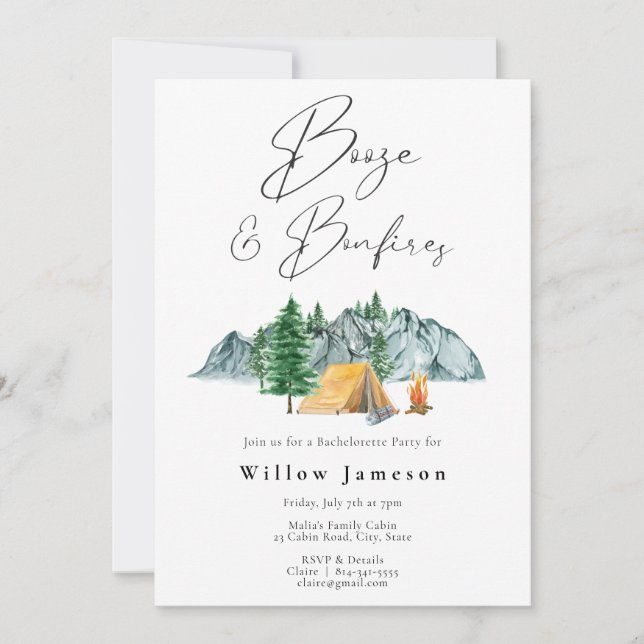 Booze et Bonfires Bachelorette Camping Invitation (Devant)