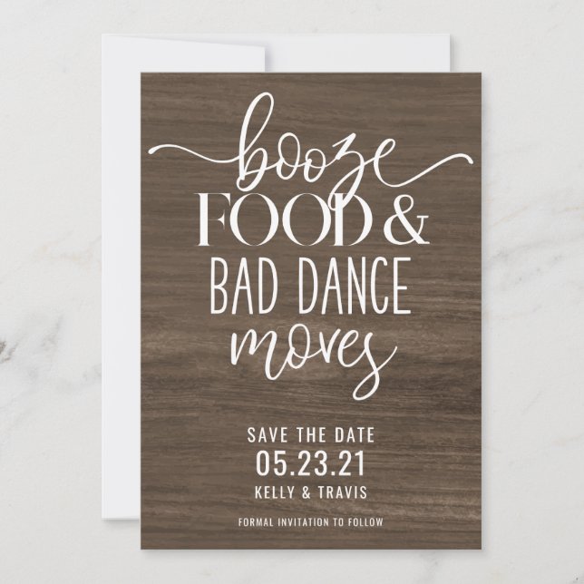 Booze Food and Bad Dance Moves Wedding Save The Da Date (Front)