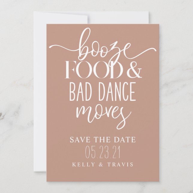 Booze Food and Bad Dance Moves Wedding Save The Date (Front)