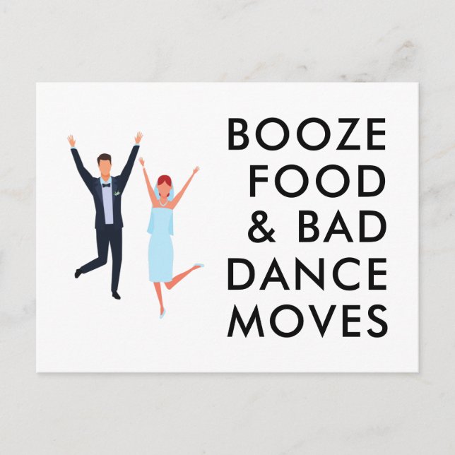 Booze, Food, Bad Dance Moves Funny Save the Dates Announcement Postcard (Front)