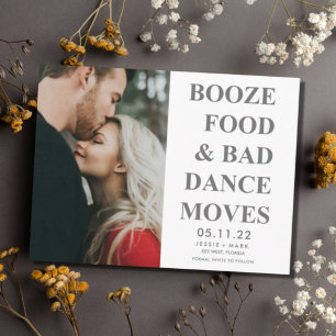 Booze, Food, Bad Dance Moves Funny Save the Dates Announcement Postcard