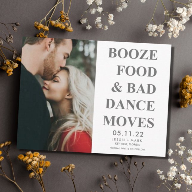 Booze, Food, Bad Dance Moves Funny Save the Dates Announcement Postcard (Creator Uploaded)