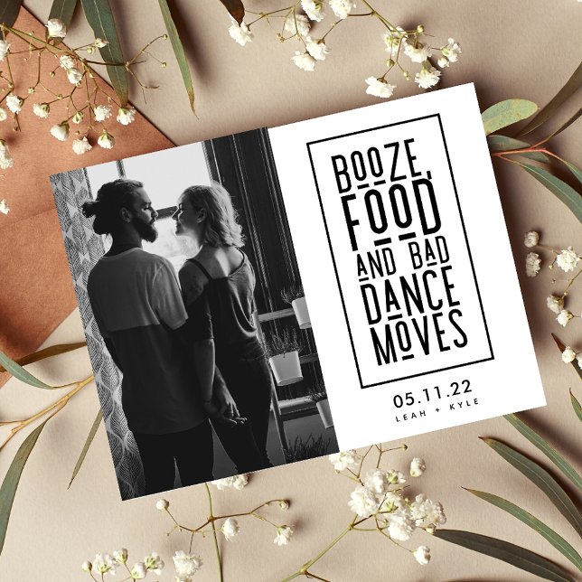 Booze, Food, Bad Dance Moves Funny Save the Dates Announcement Postcard (Creator Uploaded)