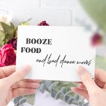 Booze food bad dance moves funny wedding invitation<br><div class="desc">Simple black and white trendy bold typography casual wedding invitation with a funny "booze food and bad dance moves" modern quote script.</div>