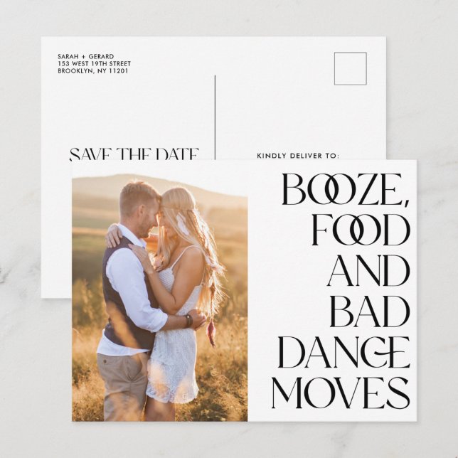 Booze Food Bad Dance Moves Save the Date Announcement Postcard (Front/Back)