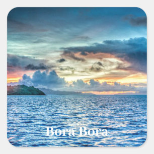 Bora Bora beautiful sunset, labelled, Square Sticker