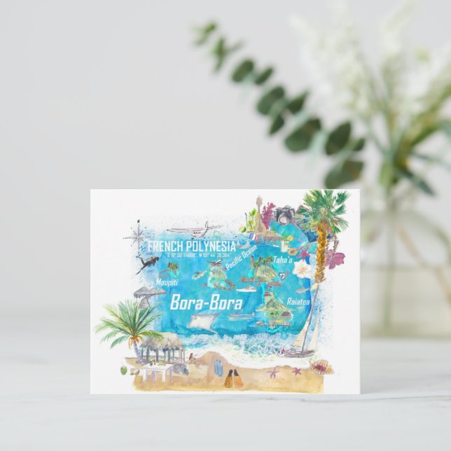 Bora Bora Islands French Polynesia Travel Map Postcard (Standing Front)