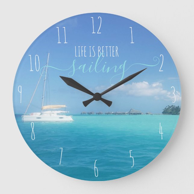 Bora Bora Tropical Ocean Catamaran and Huts Large Clock (Front)