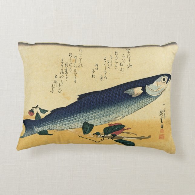 Bora (Grey Mullet) Hiroshige's Japanese Fish Print Accent Pillow (Back)