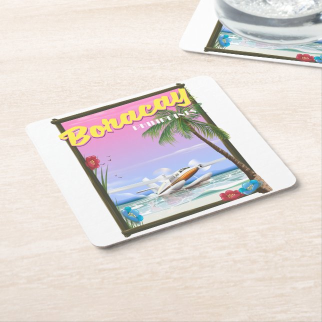 Boracay Philippines beach travel poster Square Paper Coaster (Angled)