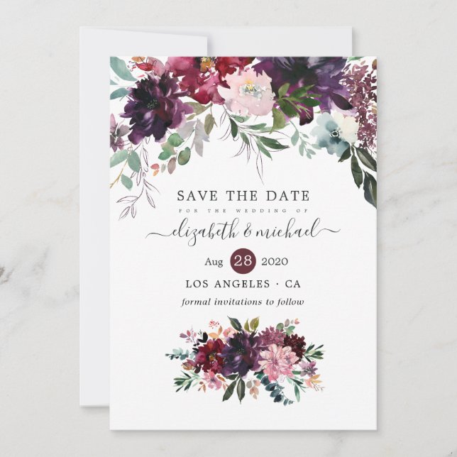 Bordeaux - Burgundy Floral Wedding Save The Date (Front)