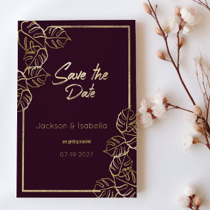 Bordeaux deep rich red gold floral Save the Date Invitation