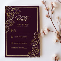 Bordeaux deep rich red gold floral Wedding RSVP 