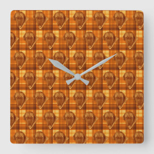 Bordeaux Dog Faces On Orange Tartan Print, Square Wall Clock