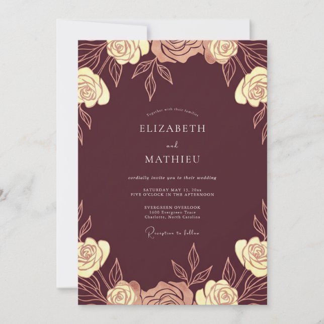 Bordeaux Gold Rose Wedding Invitation (Front)