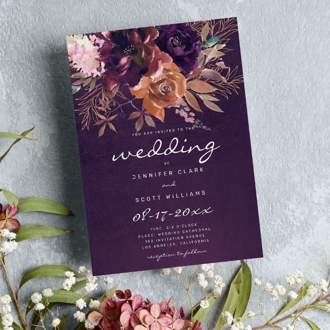 Bordeaux orange pink gold floral fall wedding invitation (Bordeaux orange pink gold floral fall wedding)