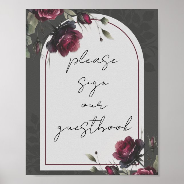 Bordeaux Red Roses Shadowy Floral Sign Guestbook (Front)