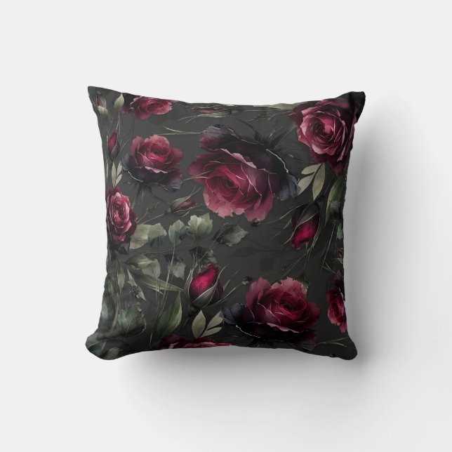 Bordeaux Red Roses Shadowy Grey Floral  Throw Pillow (Front)