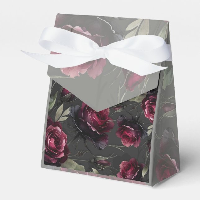Bordeaux Red Roses Shadowy Grey Floral Wedding Favor Box (Front Side)
