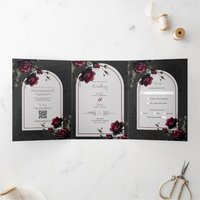 Bordeaux Red Roses Shadowy Grey Floral Wedding Tri-Fold Invitation (Inside)