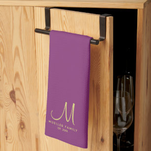 Bordeaux Solid Colour Gold Family Name Monogram Kitchen Towel